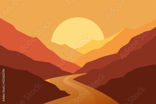 Serene Sunset Landscape Golden Hour Mountain River Valley Illustration
