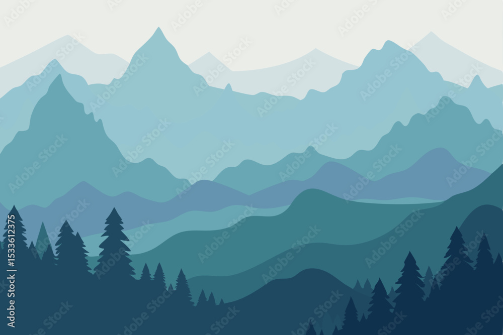 Fototapeta premium Serene Mountain Landscape Blue Hues and Misty Peaks Illustration