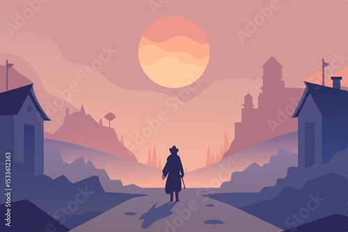 Mysterious Journey A Silhouette Traveler on a Path Between Two Towns at Sunset