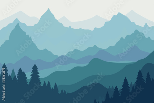 Serene Mountain Landscape Blue Hues and Misty Peaks Illustration