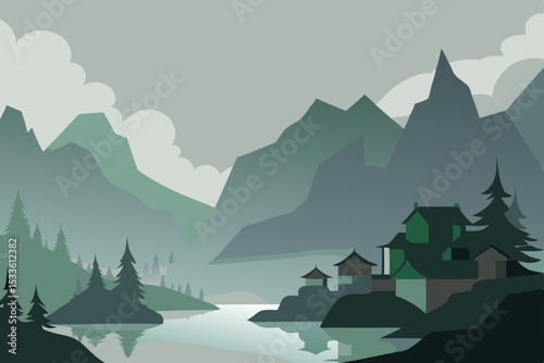 Misty Mountain Lake Serene Landscape Illustration