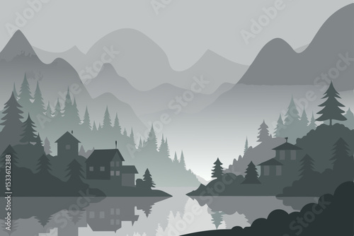Misty Mountain Village A Serene Lakeside Escape in Monochromatic Hues