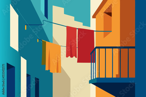 Vibrant City Alleyway Colorful Laundry Hanging Between Buildings