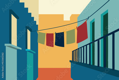 Vibrant Alleyway Scene Colorful Laundry Hanging Between Buildings