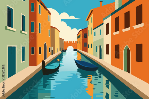 Vibrant Venetian Canal A Colorful Illustration of Gondolas and Historic Architecture