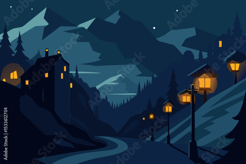 Serene Night in the Mountains A Cozy Village Landscape Illustration