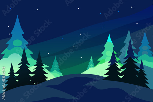 Enchanted Winter Night A Serene Landscape of Pine Trees Under the Aurora Borealis