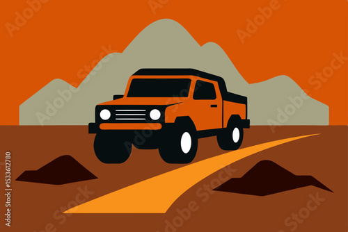 Off-Road Adventure Journey Through Rugged Terrain in an Orange Truck