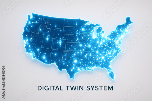 A glowing blue map of the united states with city lights on a white background digital twin system