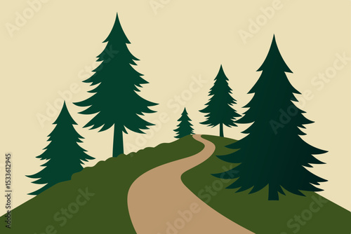 Serene Winding Path Through Evergreen Forest A Tranquil Nature Illustration