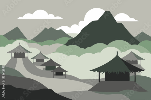 Serene Mountain Village A Misty Asian Landscape Illustration
