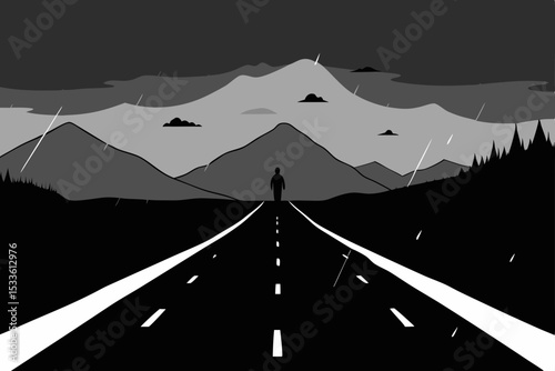 Solitary Journey A Monochrome Illustration of a Figure Walking Down a Rainy Road Towards Mountains