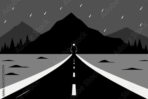 Solitary Journey A Black and White Illustration of a Person Walking Down a Long Road at Night
