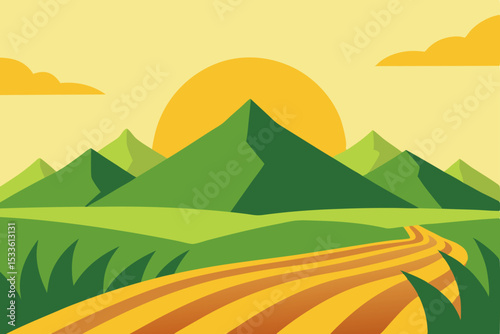Serene Sunset Landscape Mountain Peaks, Winding Road, and Golden Fields