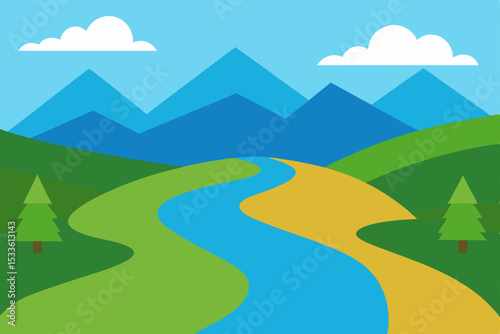 Serene River Valley Landscape Picturesque Mountains, Winding River, and Lush Green Hills