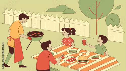 A family enjoying a barbecue in their backyard with a grill table and fence in the background scene outdoors
