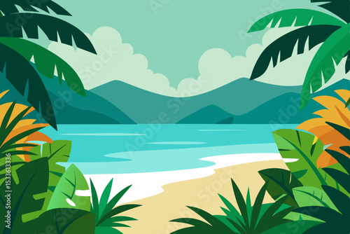 Tropical Beach Paradise Lush Greenery, Calm Ocean, and Serene Mountains