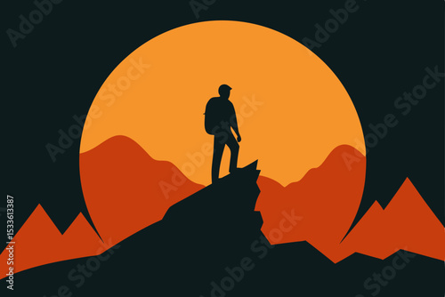 Silhouette of a Hiker Contemplating Sunset Over Majestic Mountains A Journey of Exploration and Solitude