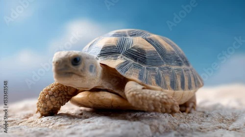 Turtle's Serene Stroll: A detailed shot of a tortoise leisurely walking under a bright sky, showcasing the reptile's unique features and gentle nature. 