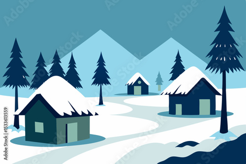 Serene Winter Village Snow-Covered Houses and Majestic Mountains