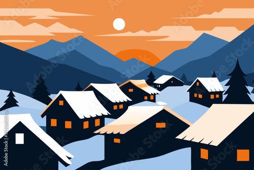 Serene Sunset over Snowy Mountain Village A Winter Wonderland Illustration