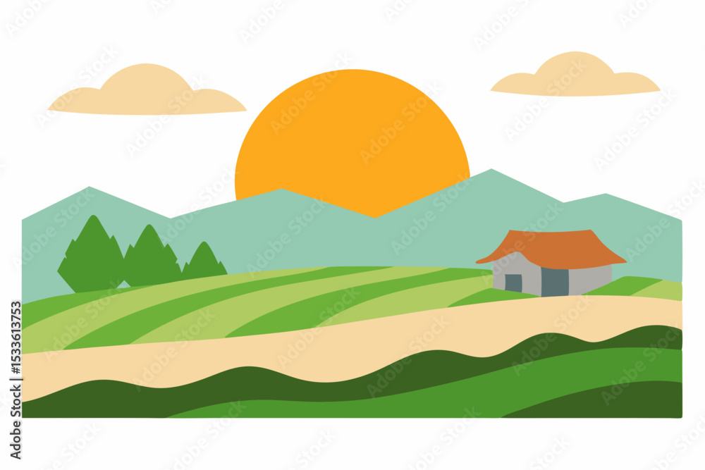 Fototapeta premium Serene Sunrise Landscape Rolling Hills, Farm, and Majestic Mountains