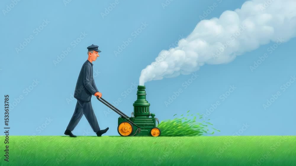 Man in Uniform Walking with Vintage Steam Engine on Green Grass Under Bright Blue Sky