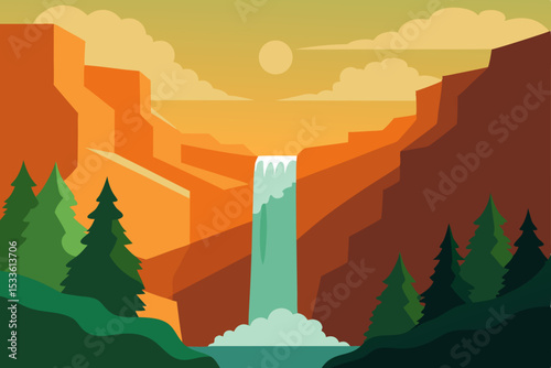 Majestic Waterfall Landscape Sunset Vista in a Mountain Canyon