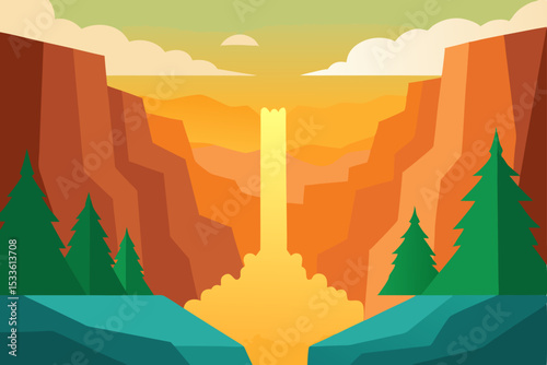 Majestic Sunset Waterfall in a Canyon A Breathtaking Landscape Illustration