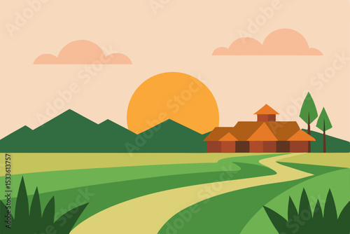 Serene Sunset Landscape Countryside House and Winding Road Illustration
