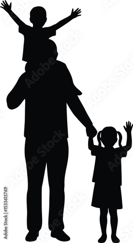 Father and Children Silhouette: This poignant silhouette portrays a tender moment betwee a father and his children, evoking the warmth of paternal love, family bonds, and the simple joys of childhood.