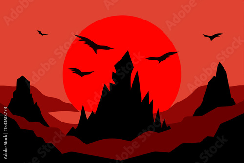 Crimson Sunset Gothic Castle Silhouette Against Blood Red Sky, Birds in Flight