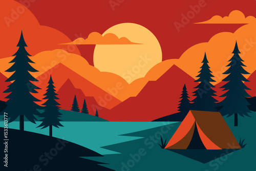 Sunset Camping Scene Serene Mountain Lake and Tent Illustration