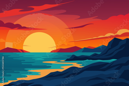 Vibrant Sunset over Ocean Coastal Landscape Illustration
