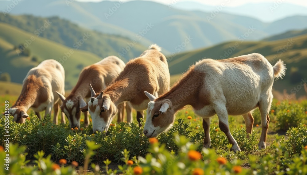 Obraz premium Goats grazing peacefully in a lush green field with rolling hills in the background