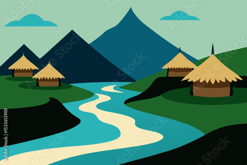 Serene Mountain Village River, Houses, and Peaks Illustration