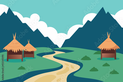 Serene Mountain Valley Landscape Hut Village by Winding River