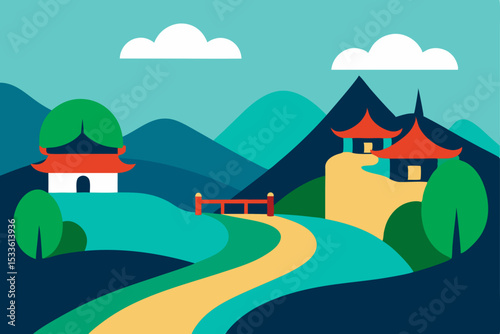 Serene Asian Landscape Mountains, Temples, and Winding Path Illustration