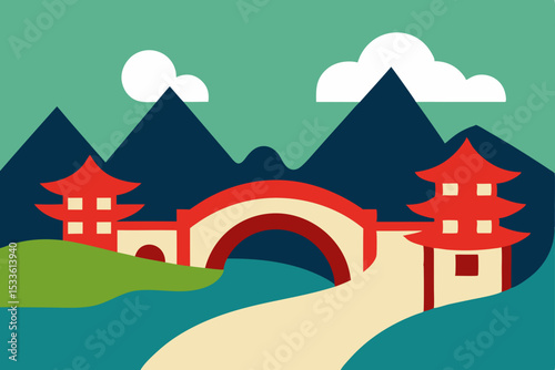 Serene Asian Landscape Bridge, Pagoda, and Mountains Illustration