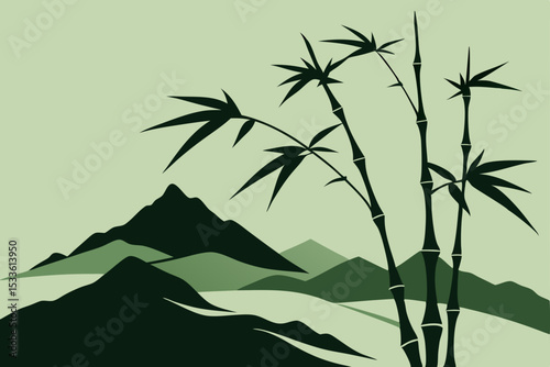 Serene Bamboo Silhouette Against Mountain Landscape A Peaceful Asian-Inspired Illustration