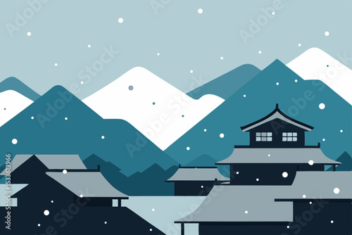 Serene Winter Village nestled in Snowy Mountains A Peaceful Landscape Illustration