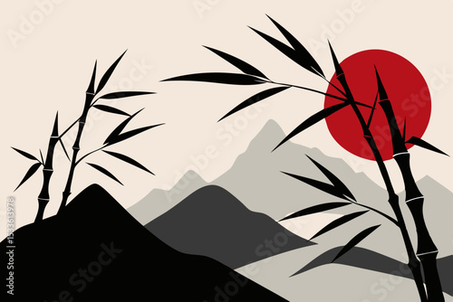Serene Sunset Minimalist Japanese Bamboo Landscape Illustration