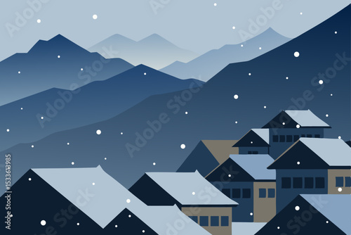 Serene Winter Village nestled in Snowy Mountains A Peaceful Landscape Illustration