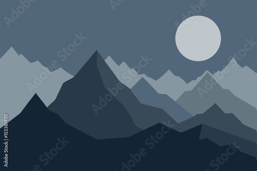 Mountain landscape vector illustration depicting misty morning peaks and clouds