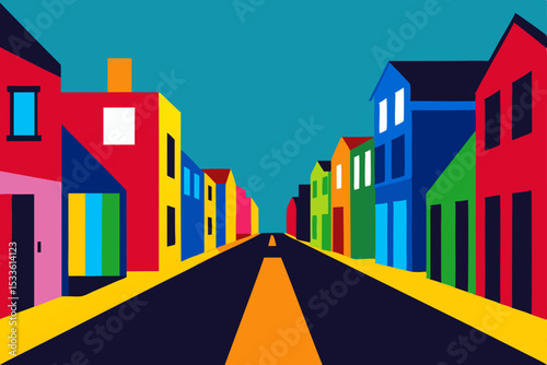 Colorful urban landscape with buildings, trees, and an arrow sign pointing the way on a bustling street