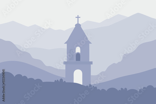 Old stone church architecture with a bell tower on a European mountain landscape