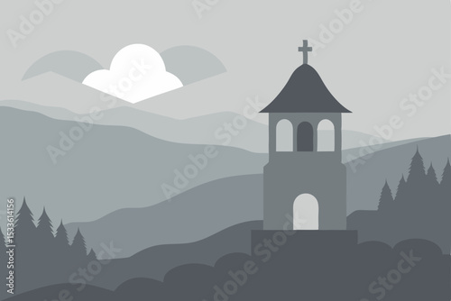 Ancient European church nestled in a mountain landscape at sunset