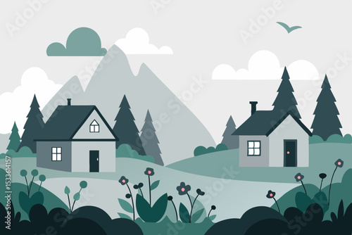 Cartoon vector illustration of houses and village in a mountain summer landscape