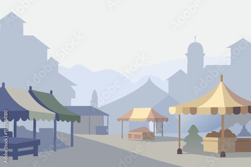 Mountain landscape with a village of houses nestled among snow-capped peaks under a vast sky, perfect for travel and tourism