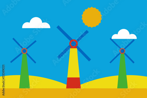 A wind power station with towering wind turbines generates clean, renewable energy against a blue sky, illustrating sustainable technology in a green landscape